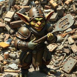 A full-body illustration of a goblin inventor character from Pathfinder 2E, depicted in a richly detailed fantasy medieval style