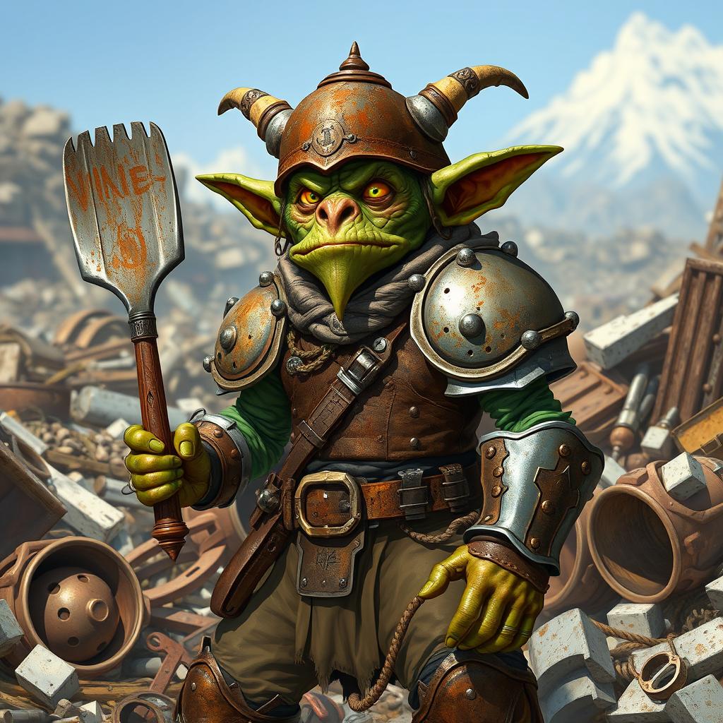 A full-body illustration of a goblin inventor character from Pathfinder 2E, depicted in a richly detailed fantasy medieval style