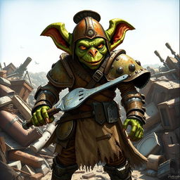 A full-body illustration of a goblin inventor character from Pathfinder 2E, depicted in a richly detailed fantasy medieval style
