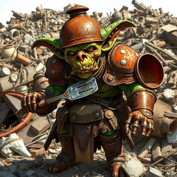 A full-body illustration of a goblin inventor character from Pathfinder 2E, portrayed in a detailed fantasy medieval style