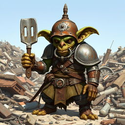 A full-body illustration of a goblin inventor character from Pathfinder 2E, portrayed in a detailed fantasy medieval style