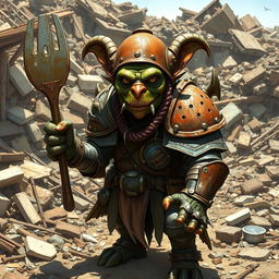 A full-body illustration of a goblin inventor character from Pathfinder 2E, portrayed in a detailed fantasy medieval style