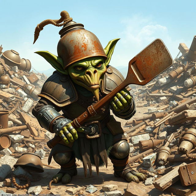 A full-body illustration of a goblin inventor character from Pathfinder 2E, portrayed in a detailed fantasy medieval style