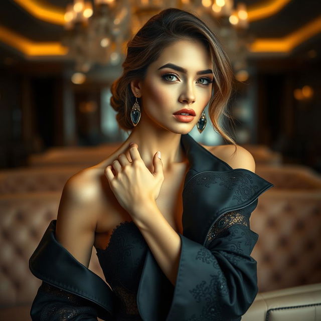 An artistic portrayal of a glamorous model in a luxurious setting, showcasing confident and alluring poses