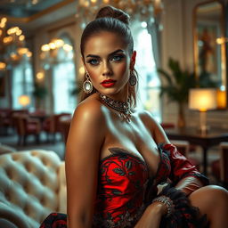 An artistic portrayal of a glamorous model in a luxurious setting, showcasing confident and alluring poses