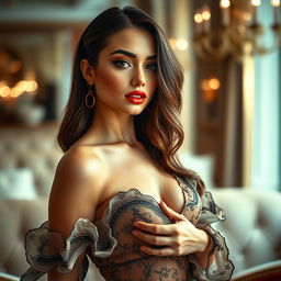 An artistic portrayal of a glamorous model in a luxurious setting, showcasing confident and alluring poses