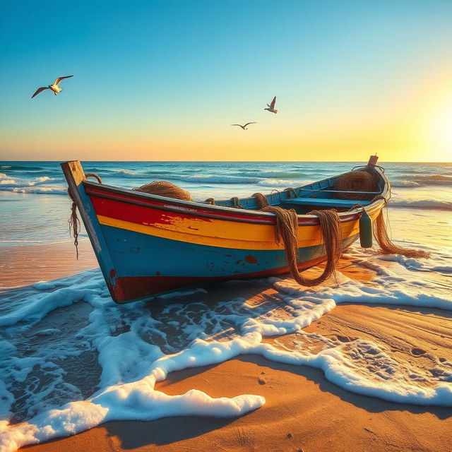 A grounded fishing boat on a sandy beach, surrounded by gentle waves and soft sea foam