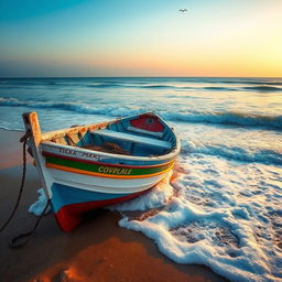 A grounded fishing boat on a sandy beach, surrounded by gentle waves and soft sea foam