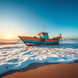 A grounded fishing boat on a sandy beach, surrounded by gentle waves and soft sea foam
