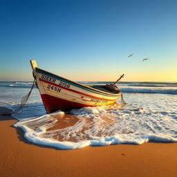 A grounded fishing boat on a sandy beach, surrounded by gentle waves and soft sea foam