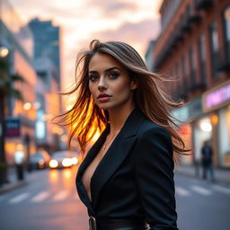 A stunning, attractive woman in a classy, stylish outfit, exuding confidence and allure