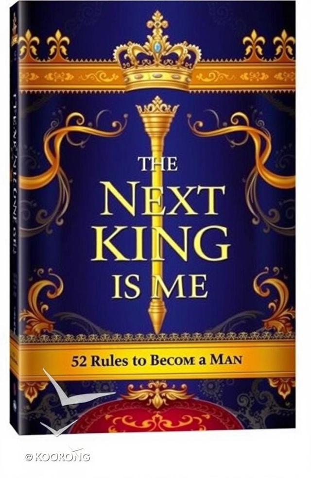 A majestic book cover featuring the title 'The Next King Is Me: 52 Rules to Become a Man' elegantly displayed on a royal-themed background