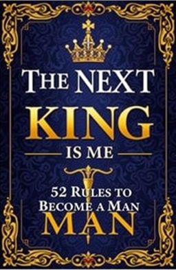 A majestic book cover featuring the title 'The Next King Is Me: 52 Rules to Become a Man' elegantly displayed on a royal-themed background