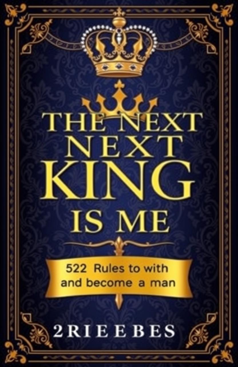 A majestic book cover featuring the title 'The Next King Is Me: 52 Rules to Become a Man' elegantly displayed on a royal-themed background