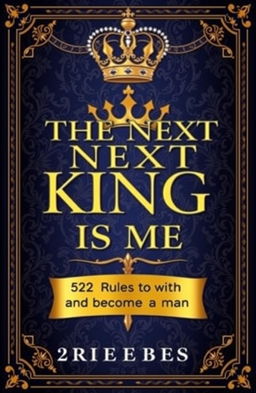 A majestic book cover featuring the title 'The Next King Is Me: 52 Rules to Become a Man' elegantly displayed on a royal-themed background