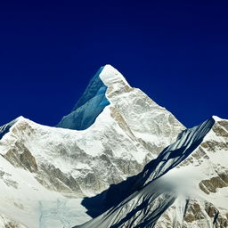 The majestic Mount Everest, its peak piercing the clear blue sky, surrounded by fluttering prayer flags and an expanse of white snow.