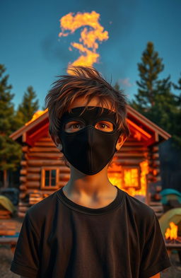 A dramatic scene depicting a summer camp setting, featuring a rustic wooden cabin engulfed in flames in the background