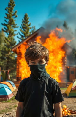A dramatic scene depicting a summer camp setting, featuring a rustic wooden cabin engulfed in flames in the background