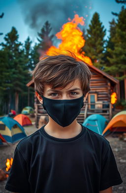 A dramatic scene depicting a summer camp setting, featuring a rustic wooden cabin engulfed in flames in the background