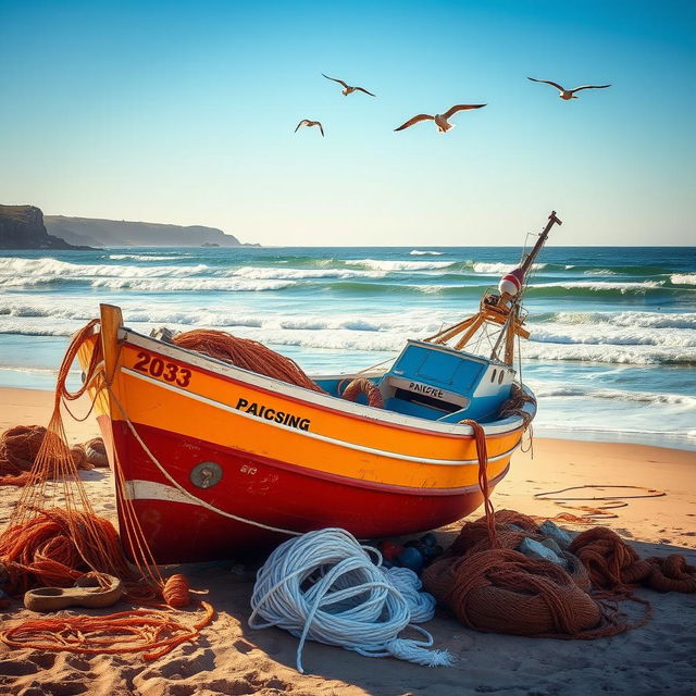 A grounded deep-sea fishing boat on a sandy beach, with large nets and fishing gear scattered around it