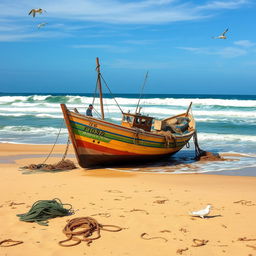 A grounded deep-sea fishing boat on a sandy beach, with large nets and fishing gear scattered around it