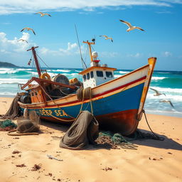 A grounded deep-sea fishing boat on a sandy beach, with large nets and fishing gear scattered around it