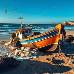 A grounded deep-sea fishing boat on a sandy beach, with large nets and fishing gear scattered around it