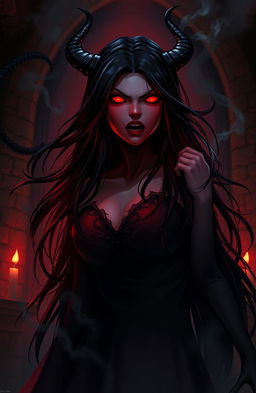 A dark, atmospheric scene depicting the demonic possession of a character named Emilia