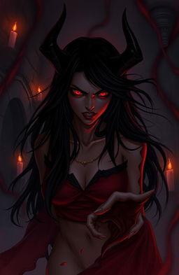A dark, atmospheric scene depicting the demonic possession of a character named Emilia