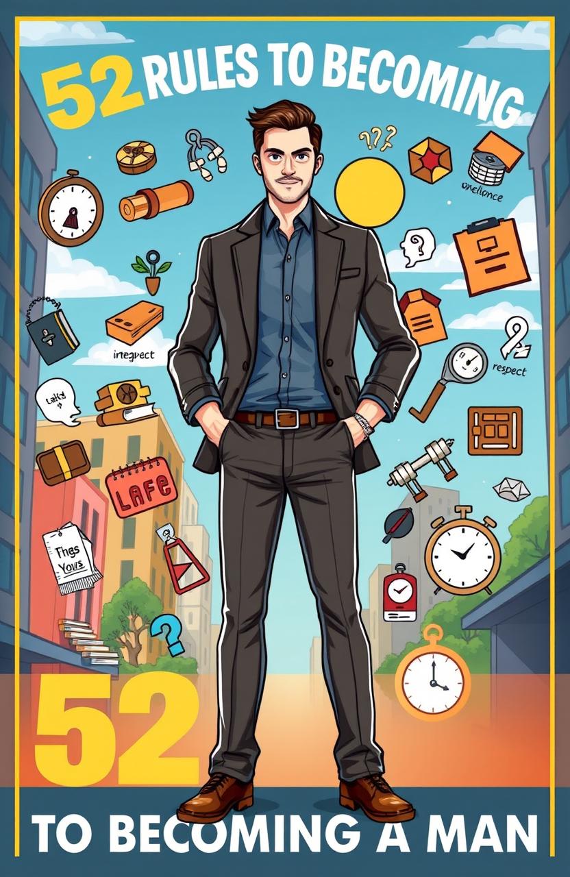 A visually engaging illustration depicting the theme of "52 Rules to Becoming a Man