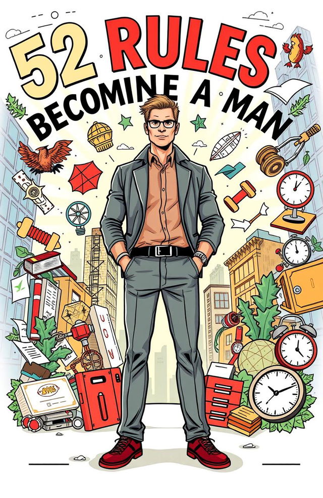 A visually engaging illustration depicting the theme of "52 Rules to Becoming a Man