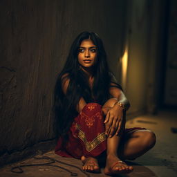 A sensual portrayal of a young Indian woman with long flowing hair and captivating features, embodying a deeply emotional and passionate atmosphere