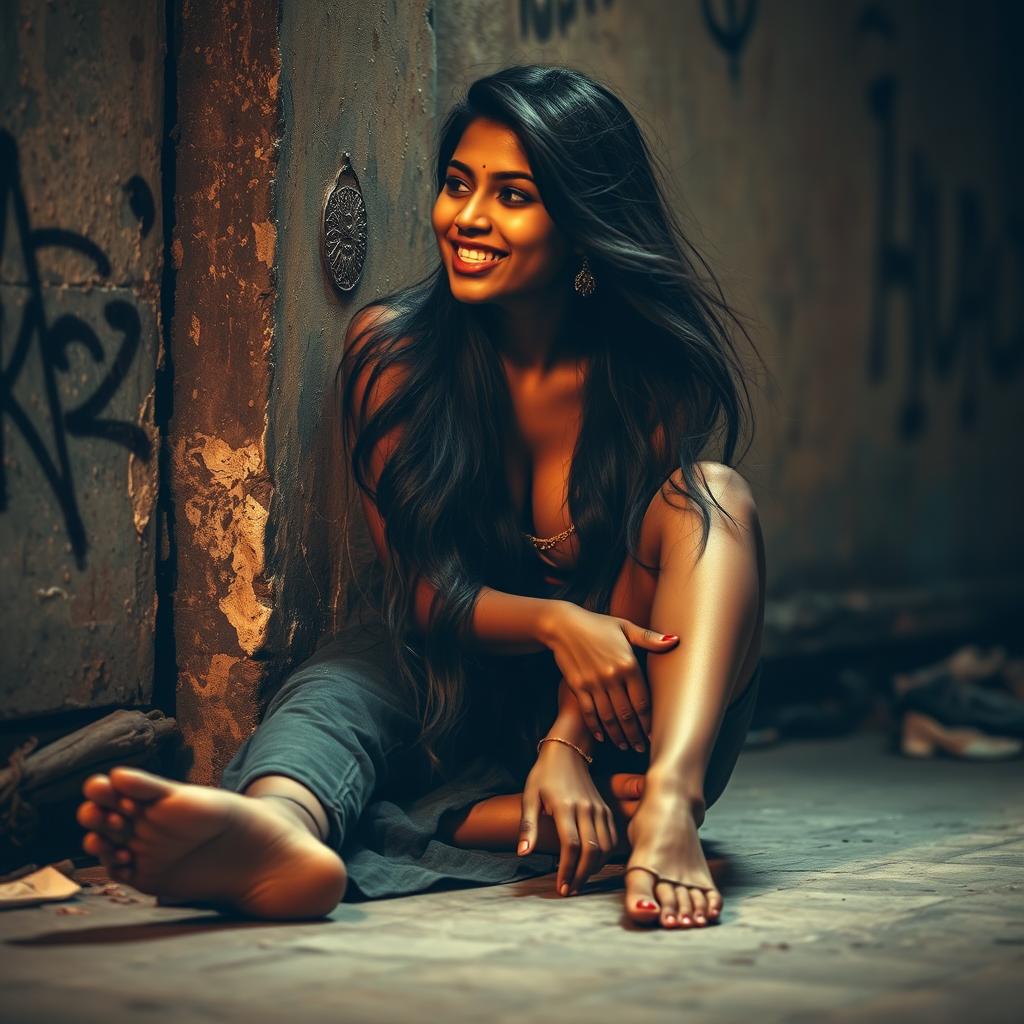 A sensual portrayal of a young Indian woman with long flowing hair and captivating features, embodying a deeply emotional and passionate atmosphere