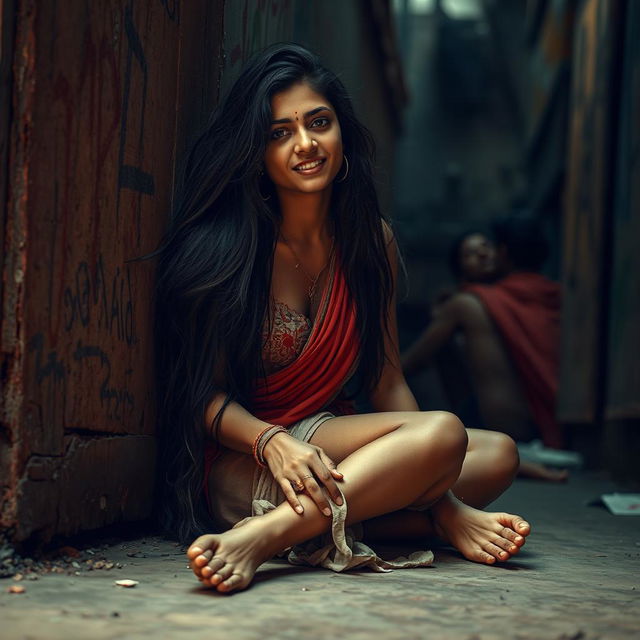 A sensual portrayal of a young Indian woman with long flowing hair and captivating features, embodying a deeply emotional and passionate atmosphere