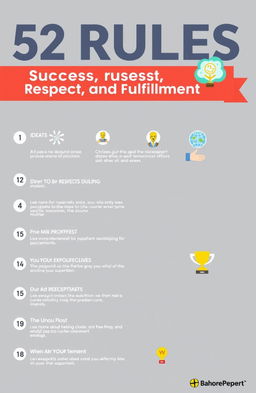 An inspiring and visually engaging infographic titled '52 Rules Towards Success, Respect, and Fulfillment'