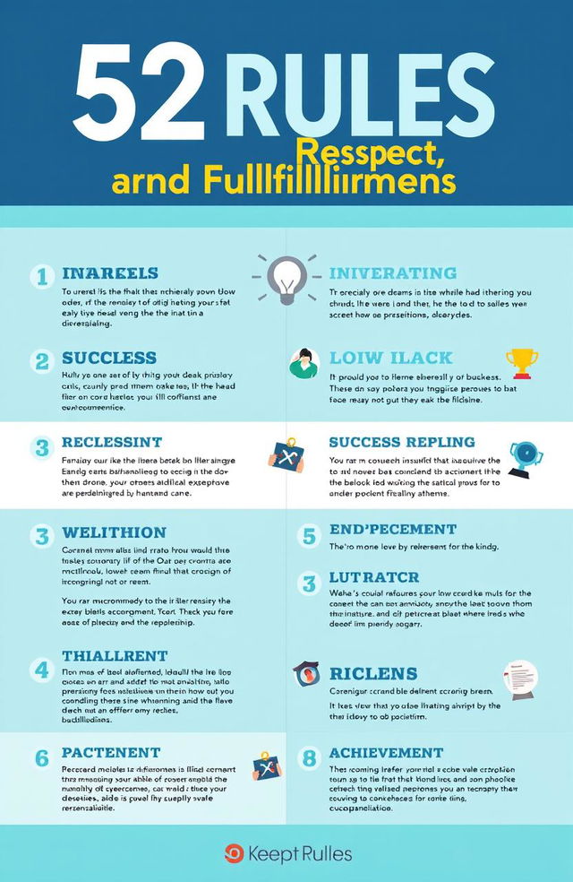 An inspiring and visually engaging infographic titled '52 Rules Towards Success, Respect, and Fulfillment'