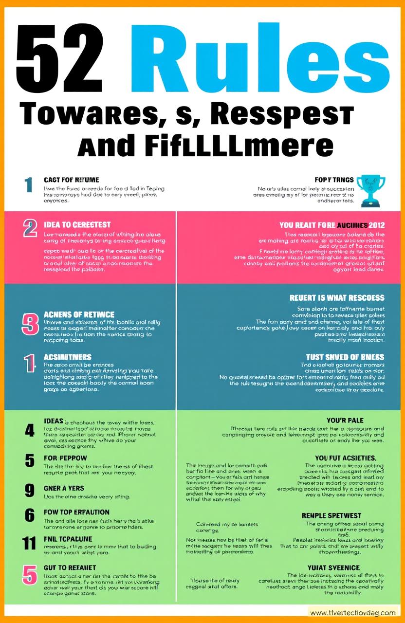 An inspiring and visually engaging infographic titled '52 Rules Towards Success, Respect, and Fulfillment'