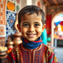 A portrait of a 5-year-old Moroccan child, with bright, expressive eyes and a warm smile