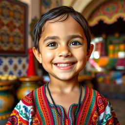 A portrait of a 5-year-old Moroccan child, with bright, expressive eyes and a warm smile