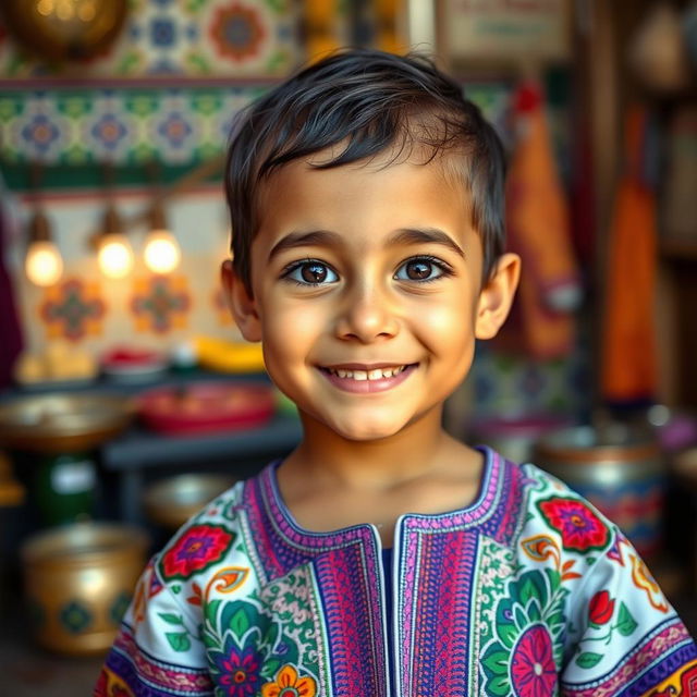 A portrait of a 5-year-old Moroccan child, with bright, expressive eyes and a warm smile