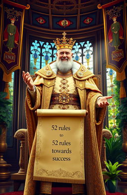 A regal, inspiring scene portraying the essence of a true king, surrounded by symbols of success, respect, and fulfillment