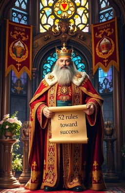 A regal, inspiring scene portraying the essence of a true king, surrounded by symbols of success, respect, and fulfillment