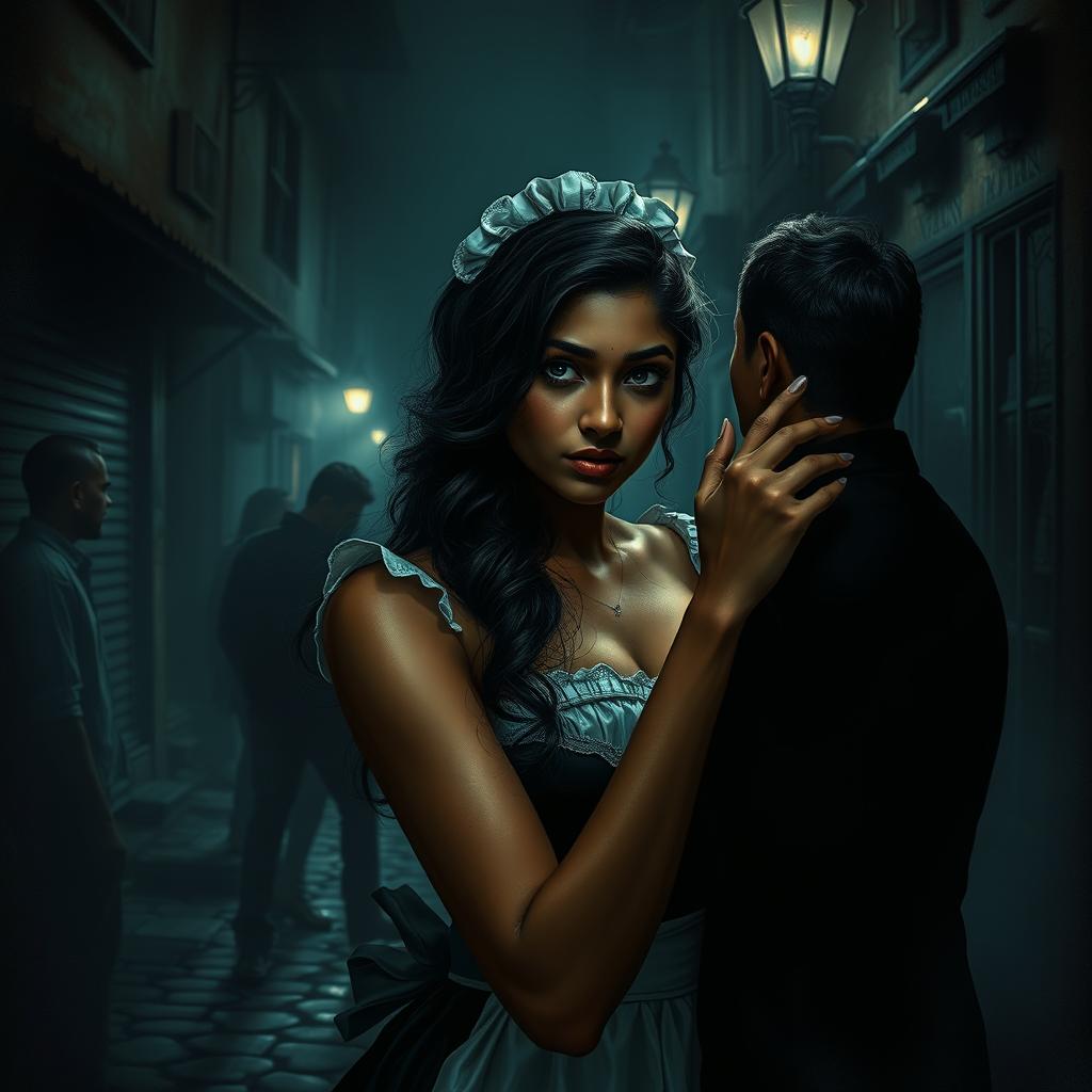 A sensual depiction of a young Indian woman with enchanting features, styled as a maid, situated in a dark, atmospheric street