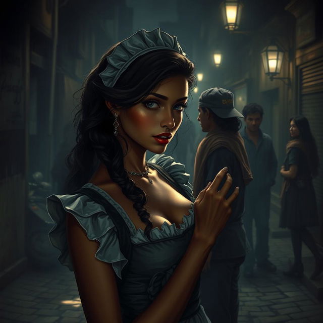 A sensual depiction of a young Indian woman with enchanting features, styled as a maid, situated in a dark, atmospheric street