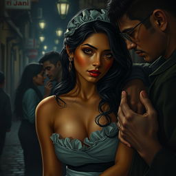 A sensual depiction of a young Indian woman with enchanting features, styled as a maid, situated in a dark, atmospheric street