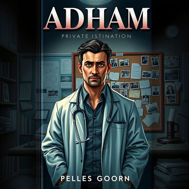 A captivating book cover design illustrating a forensic doctor, Adham, in his private investigation office