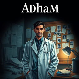 A captivating book cover design illustrating a forensic doctor, Adham, in his private investigation office