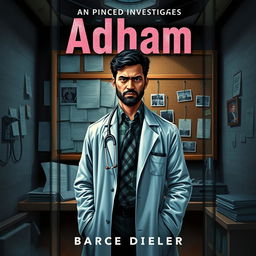 A captivating book cover design illustrating a forensic doctor, Adham, in his private investigation office