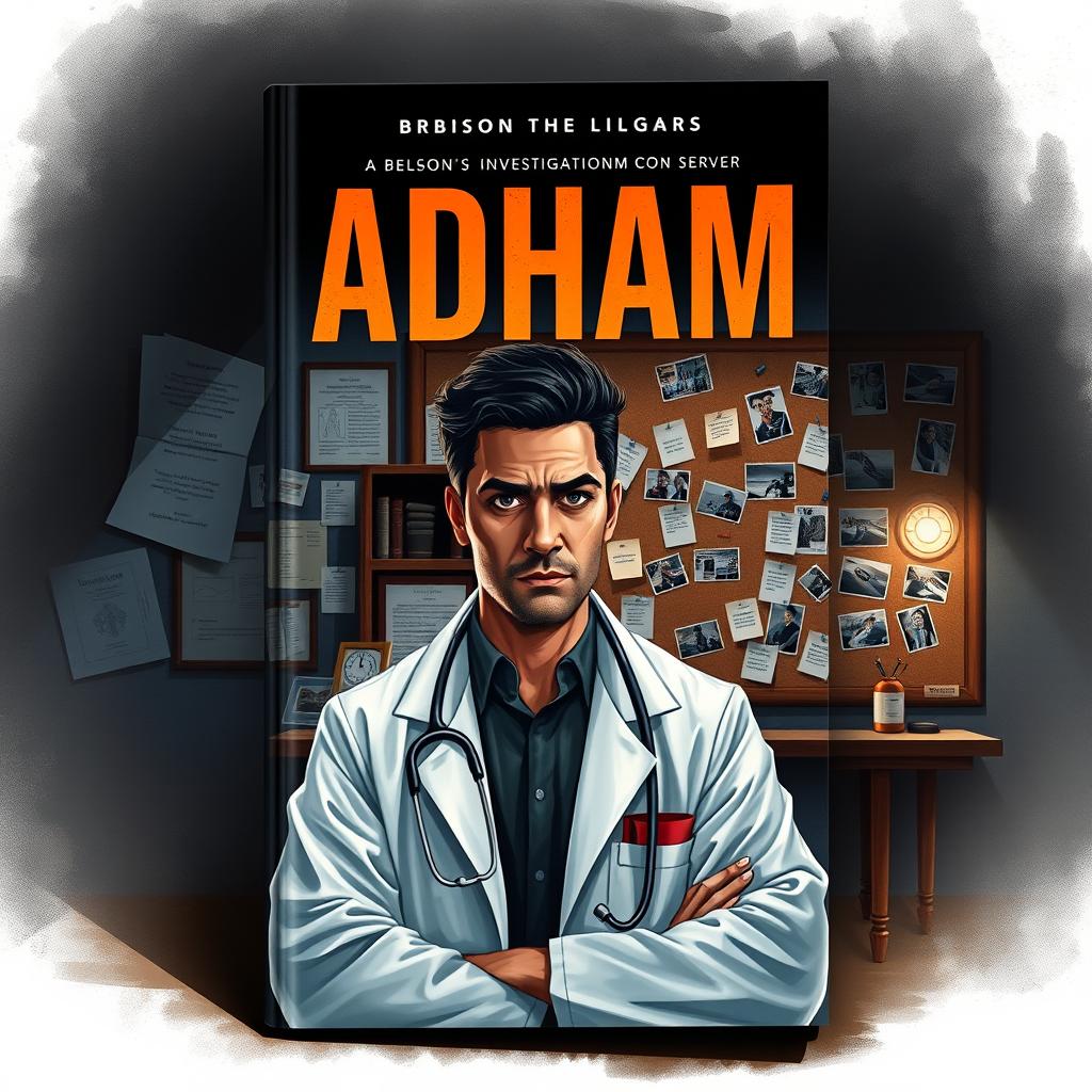 A captivating book cover design illustrating a forensic doctor, Adham, in his private investigation office