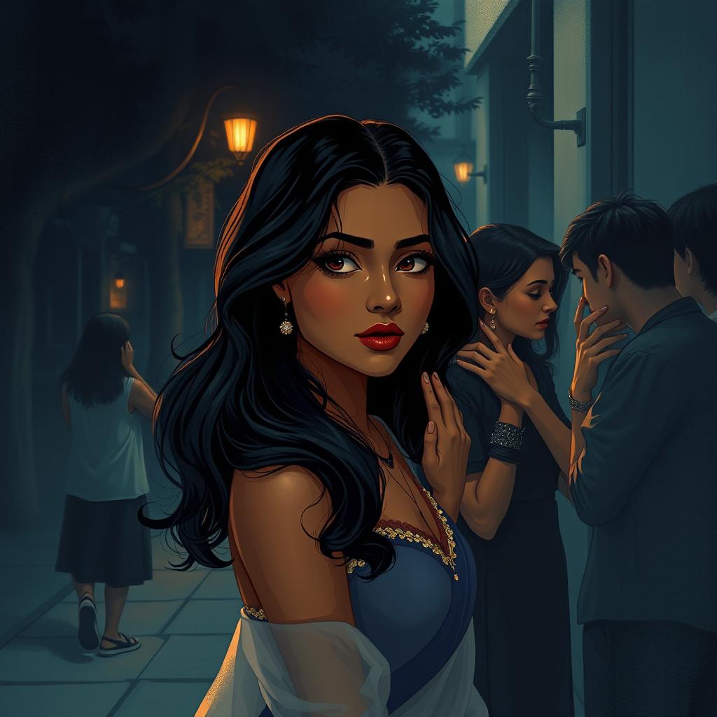 A captivating illustration of a young Indian woman with gorgeous features, posed in an intimate scene set on a sidewalk in a dark, atmospheric street